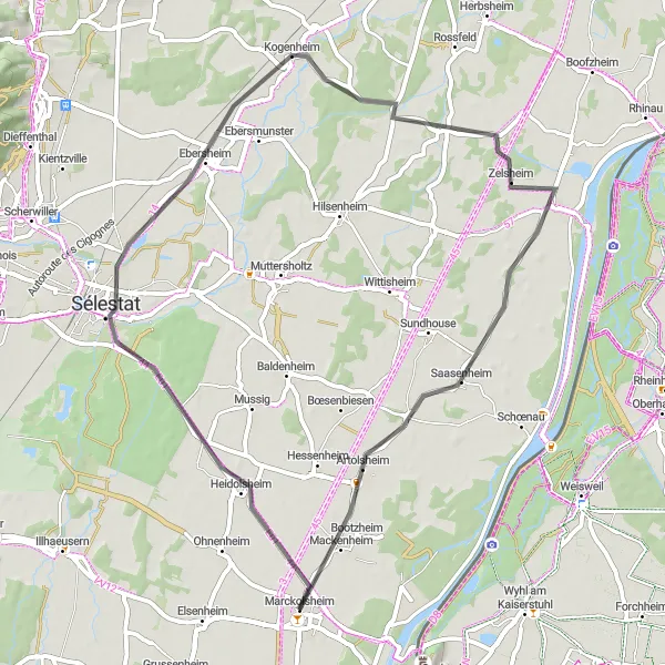Miniature de la carte de l'inspiration cycliste "Tour des Villages autour de Marckolsheim" dans la Alsace, France. Générée par le planificateur d'itinéraire cycliste Tarmacs.app
