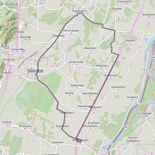 Miniature de la carte de l'inspiration cycliste "Boucle à vélo près de Marckolsheim" dans la Alsace, France. Générée par le planificateur d'itinéraire cycliste Tarmacs.app