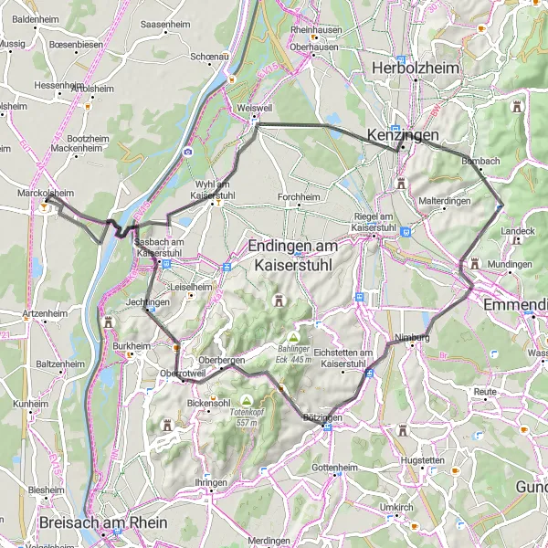 Map miniature of "The Markolsheim Loop" cycling inspiration in Alsace, France. Generated by Tarmacs.app cycling route planner