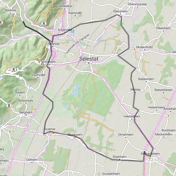Miniature de la carte de l'inspiration cycliste "Parcours route à Kintzheim et Ebersheim" dans la Alsace, France. Générée par le planificateur d'itinéraire cycliste Tarmacs.app