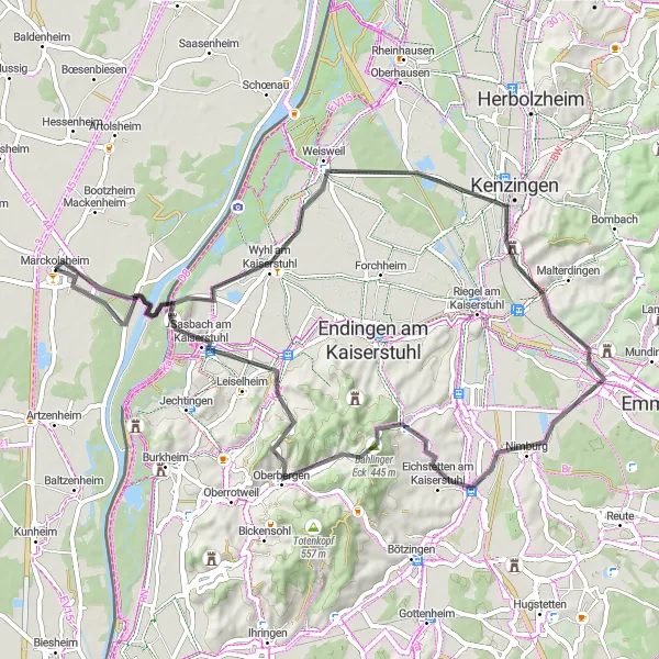 Map miniature of "Markolsheim and the Kaiserstuhl" cycling inspiration in Alsace, France. Generated by Tarmacs.app cycling route planner