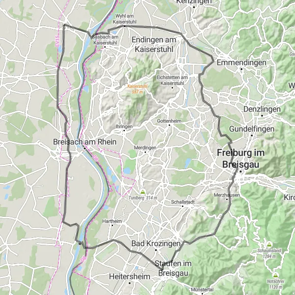 Miniature de la carte de l'inspiration cycliste "Itinéraire route à Riegel et Schönbuck" dans la Alsace, France. Générée par le planificateur d'itinéraire cycliste Tarmacs.app