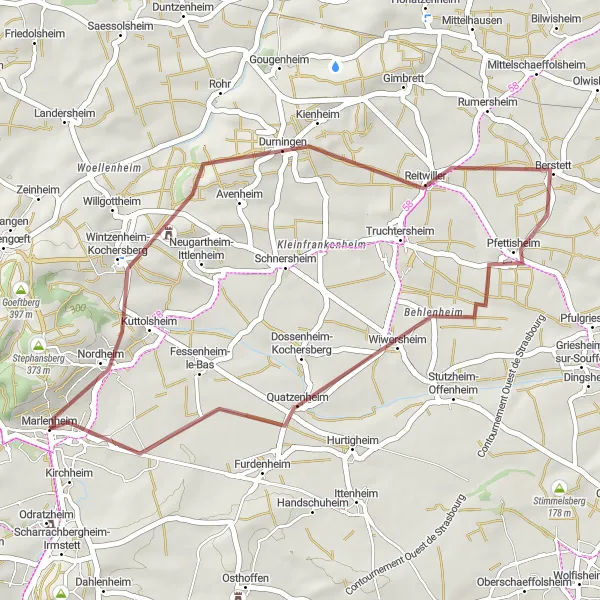 Miniature de la carte de l'inspiration cycliste "Exploration du Kochersberg" dans la Alsace, France. Générée par le planificateur d'itinéraire cycliste Tarmacs.app