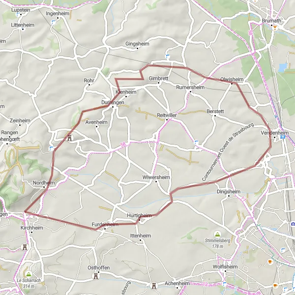 Map miniature of "Kochersberg Gravel Loop" cycling inspiration in Alsace, France. Generated by Tarmacs.app cycling route planner