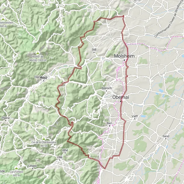 Miniature de la carte de l'inspiration cycliste "Les Montagnes d'Alsace" dans la Alsace, France. Générée par le planificateur d'itinéraire cycliste Tarmacs.app