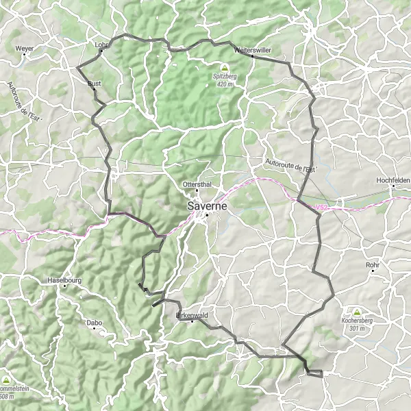 Miniature de la carte de l'inspiration cycliste "Les collines d'Alsace en vélo de route" dans la Alsace, France. Générée par le planificateur d'itinéraire cycliste Tarmacs.app