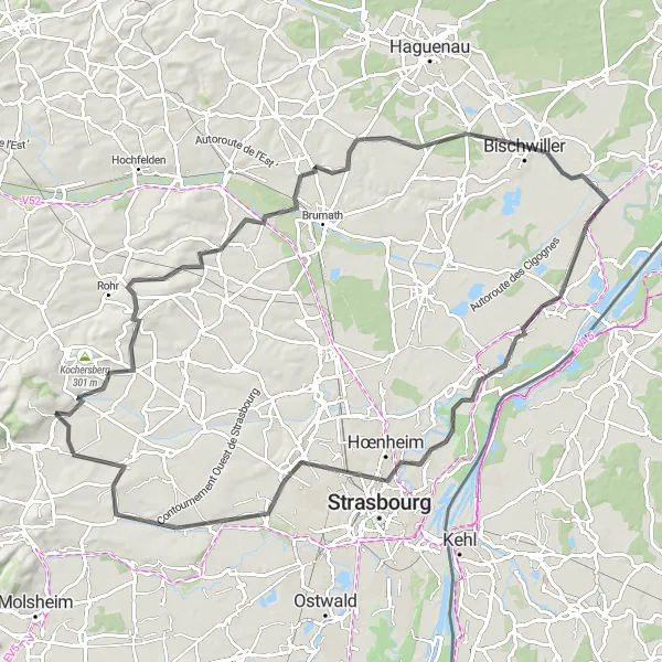 Map miniature of "The Vineyards and Villages of Alsace" cycling inspiration in Alsace, France. Generated by Tarmacs.app cycling route planner