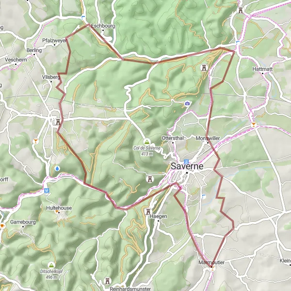 Miniature de la carte de l'inspiration cycliste "Les Collines de l'Alsace" dans la Alsace, France. Générée par le planificateur d'itinéraire cycliste Tarmacs.app