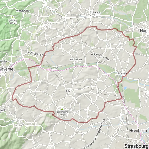 Miniature de la carte de l'inspiration cycliste "Tour des Vignobles et Châteaux d'Alsace" dans la Alsace, France. Générée par le planificateur d'itinéraire cycliste Tarmacs.app