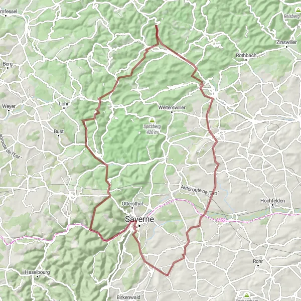 Map miniature of "Marmoutier Gravel Challenge" cycling inspiration in Alsace, France. Generated by Tarmacs.app cycling route planner