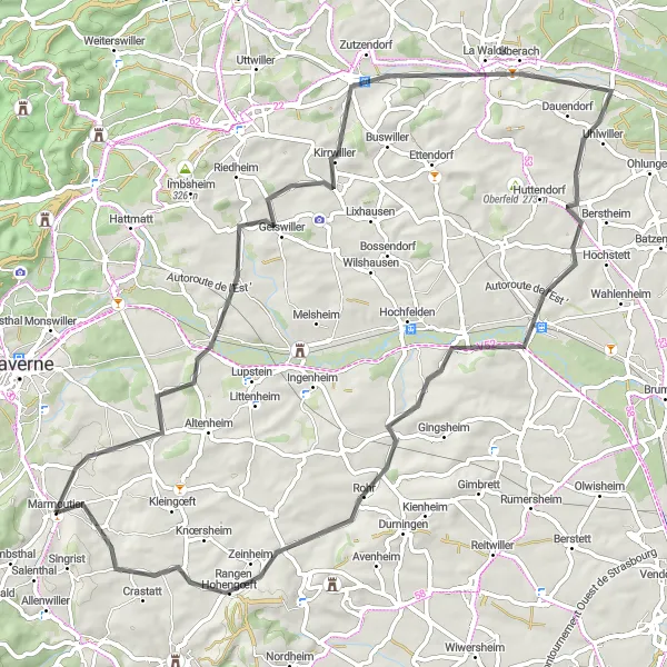 Map miniature of "Gottesheim and Uhlwiller Road Cycling Adventure" cycling inspiration in Alsace, France. Generated by Tarmacs.app cycling route planner