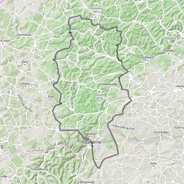 Miniature de la carte de l'inspiration cycliste "Les Montagnes d'Alsace" dans la Alsace, France. Générée par le planificateur d'itinéraire cycliste Tarmacs.app