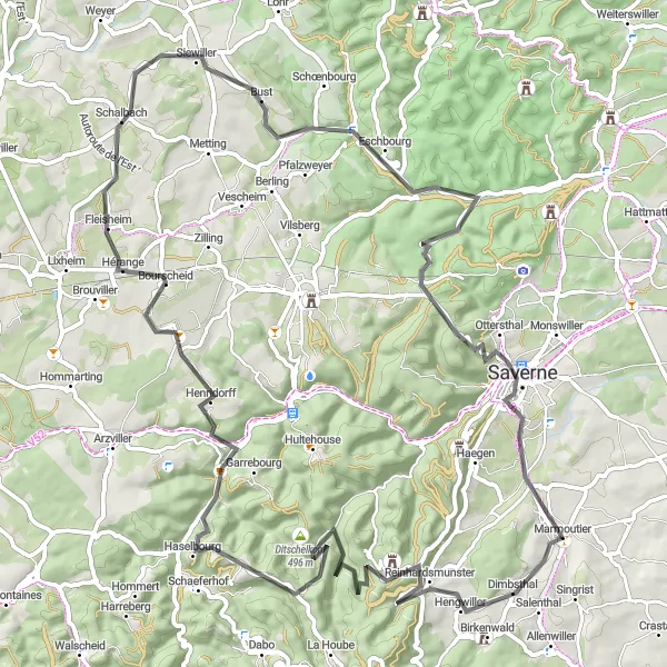 Miniature de la carte de l'inspiration cycliste "Parcours des Châteaux de la Saverne" dans la Alsace, France. Générée par le planificateur d'itinéraire cycliste Tarmacs.app