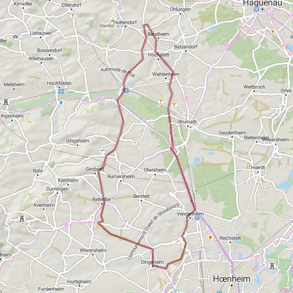 Map miniature of "Hidden Gems of Mittelhausbergen" cycling inspiration in Alsace, France. Generated by Tarmacs.app cycling route planner