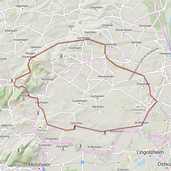 Map miniature of "Gravel Adventure in the Alsatian Countryside" cycling inspiration in Alsace, France. Generated by Tarmacs.app cycling route planner