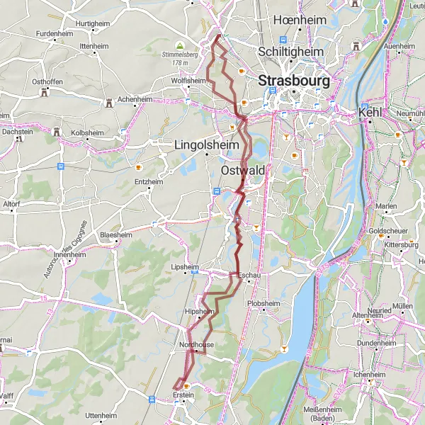 Miniature de la carte de l'inspiration cycliste "Aventure gravel de Mittelhausbergen à Eckbolsheim" dans la Alsace, France. Générée par le planificateur d'itinéraire cycliste Tarmacs.app