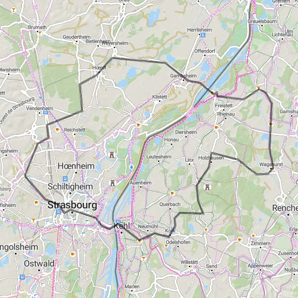 Miniature de la carte de l'inspiration cycliste "Parcours pittoresque de Weyersheim à Strasbourg" dans la Alsace, France. Générée par le planificateur d'itinéraire cycliste Tarmacs.app