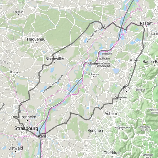 Map miniature of "The Epic Rhine Valley Adventure" cycling inspiration in Alsace, France. Generated by Tarmacs.app cycling route planner