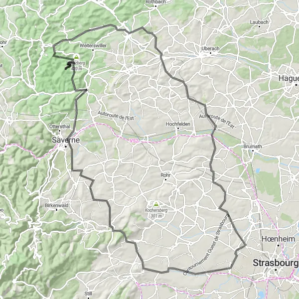 Map miniature of "Mittelhausbergen Road Adventure" cycling inspiration in Alsace, France. Generated by Tarmacs.app cycling route planner