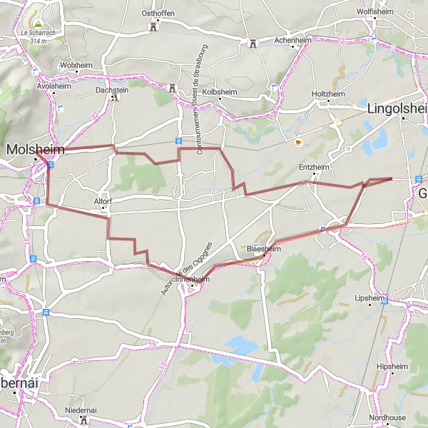 Miniature de la carte de l'inspiration cycliste "La Tour d'Entzheim" dans la Alsace, France. Générée par le planificateur d'itinéraire cycliste Tarmacs.app