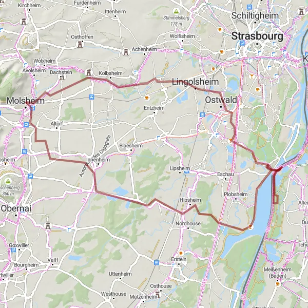 Miniature de la carte de l'inspiration cycliste "La Route de Hindisheim" dans la Alsace, France. Générée par le planificateur d'itinéraire cycliste Tarmacs.app