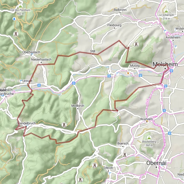 Map miniature of "Molsheim Gravel Adventure" cycling inspiration in Alsace, France. Generated by Tarmacs.app cycling route planner