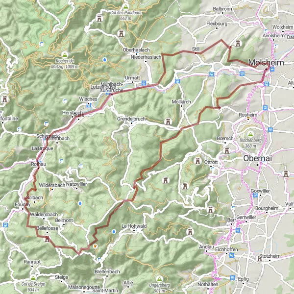 Miniature de la carte de l'inspiration cycliste "L'Aventure du Champ du Feu" dans la Alsace, France. Générée par le planificateur d'itinéraire cycliste Tarmacs.app