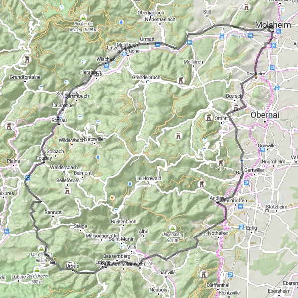 Map miniature of "Mountains and Vineyards Road Route" cycling inspiration in Alsace, France. Generated by Tarmacs.app cycling route planner