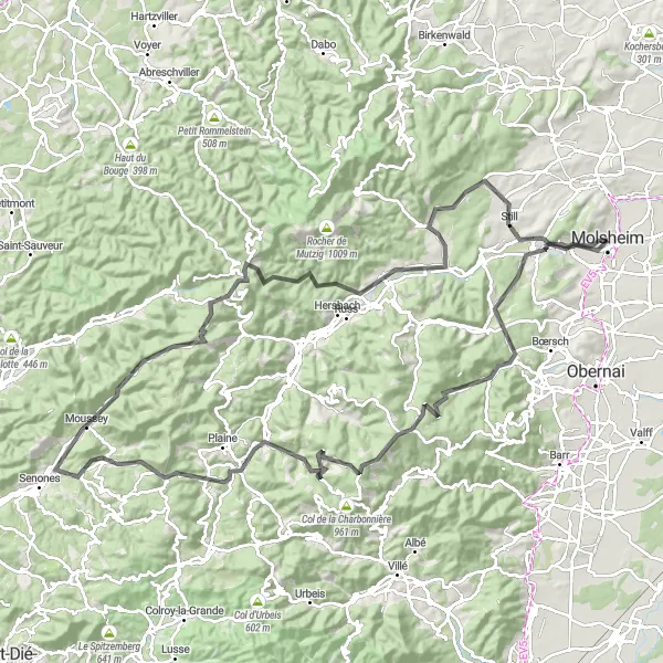 Miniature de la carte de l'inspiration cycliste "Parcours des Châteaux" dans la Alsace, France. Générée par le planificateur d'itinéraire cycliste Tarmacs.app