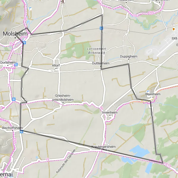 Map miniature of "Molsheim Loop via Gloeckelsberg and Blaesheim" cycling inspiration in Alsace, France. Generated by Tarmacs.app cycling route planner