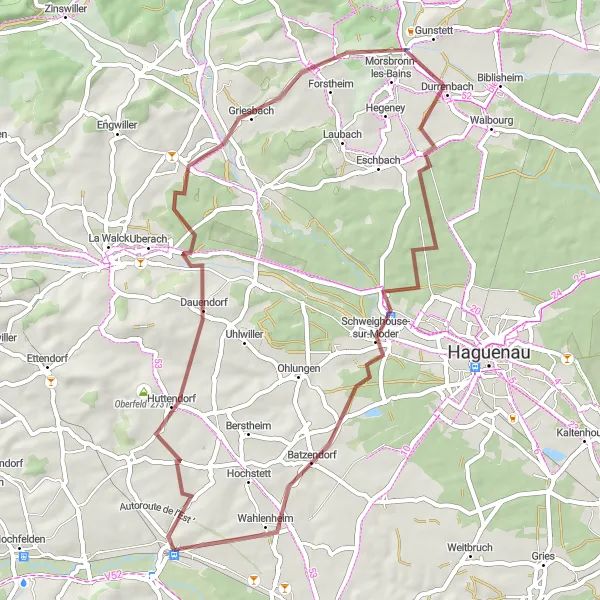 Miniature de la carte de l'inspiration cycliste "Aventure en gravel à travers les collines d'Alsace" dans la Alsace, France. Générée par le planificateur d'itinéraire cycliste Tarmacs.app