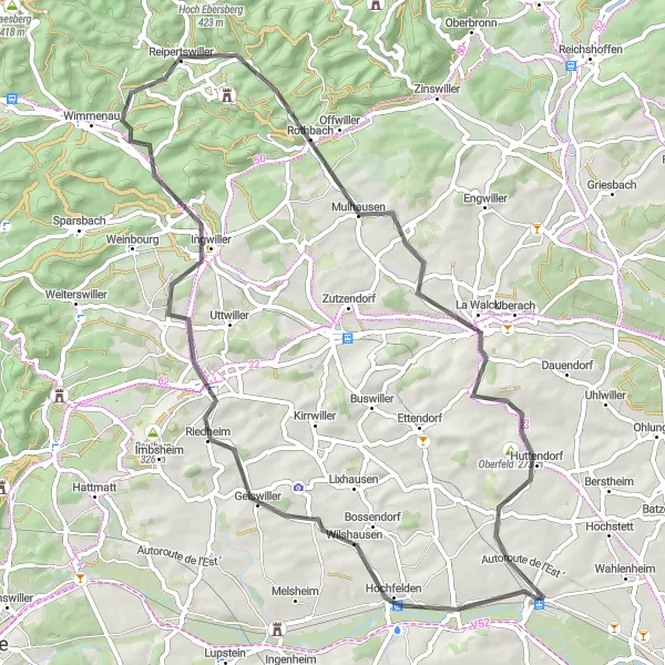 Miniature de la carte de l'inspiration cycliste "La Route des Châteaux en vélo de route" dans la Alsace, France. Générée par le planificateur d'itinéraire cycliste Tarmacs.app