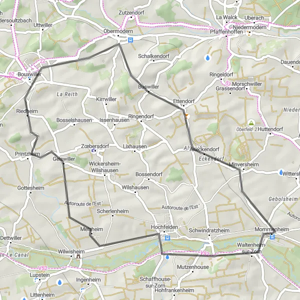Miniature de la carte de l'inspiration cycliste "Escapade à vélo dans la campagne alsacienne" dans la Alsace, France. Générée par le planificateur d'itinéraire cycliste Tarmacs.app