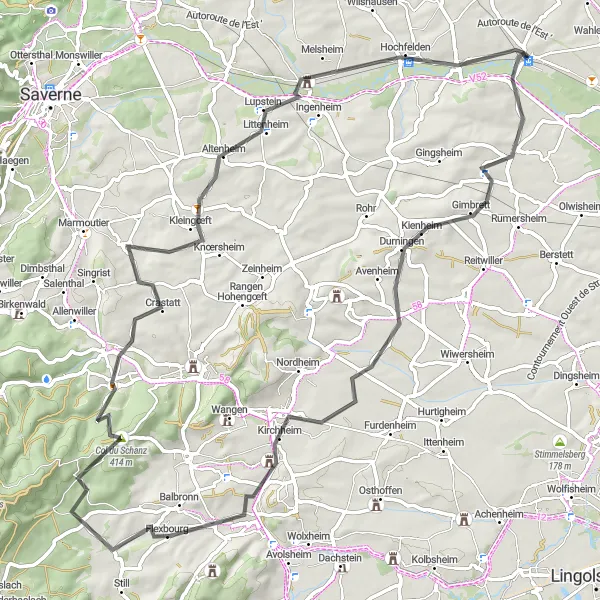 Miniature de la carte de l'inspiration cycliste "Escapade à vélo de Durningen - Schwindratzheim" dans la Alsace, France. Générée par le planificateur d'itinéraire cycliste Tarmacs.app