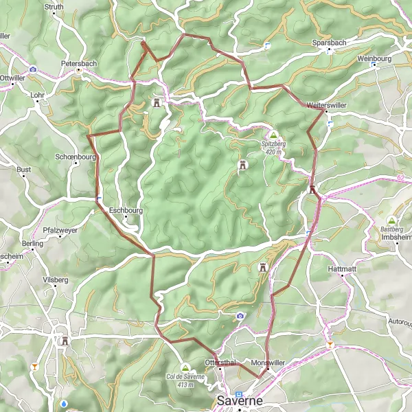 Map miniature of "Gravel Exploration in Ottersthal" cycling inspiration in Alsace, France. Generated by Tarmacs.app cycling route planner