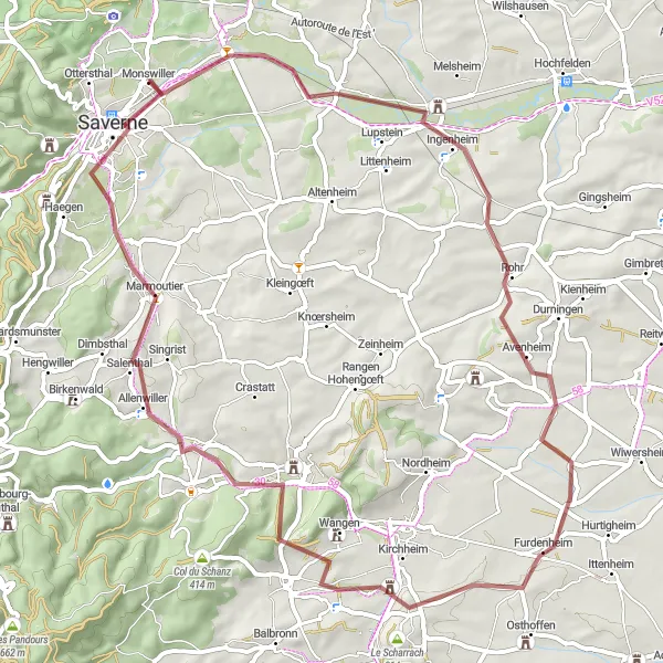 Map miniature of "Gravel Adventure in Dettwiller" cycling inspiration in Alsace, France. Generated by Tarmacs.app cycling route planner