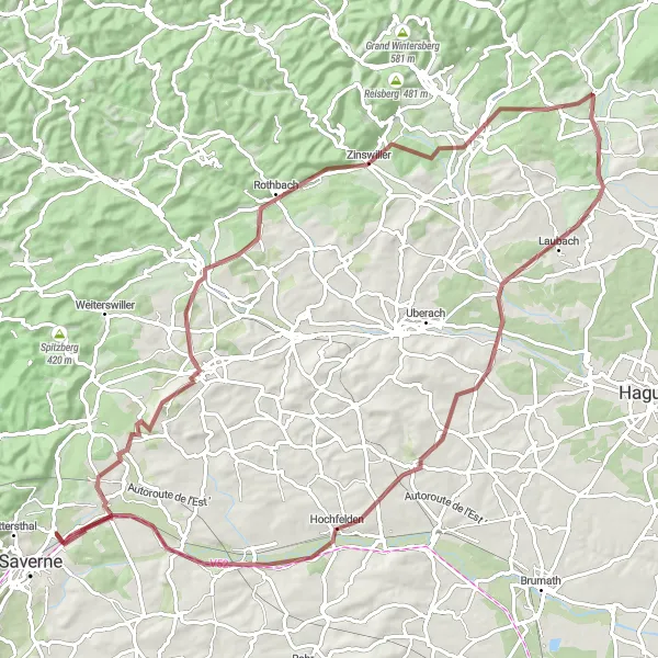 Map miniature of "Alsace Gravel Adventure in Steinbourg" cycling inspiration in Alsace, France. Generated by Tarmacs.app cycling route planner