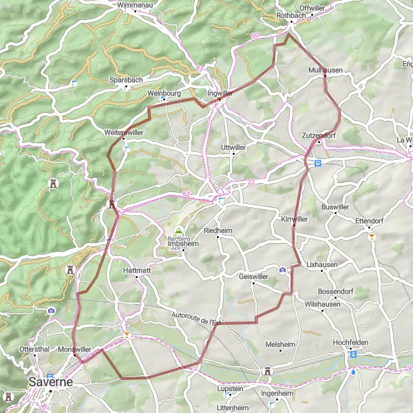 Miniature de la carte de l'inspiration cycliste "Randonnée gravel pittoresque près de Monswiller" dans la Alsace, France. Générée par le planificateur d'itinéraire cycliste Tarmacs.app