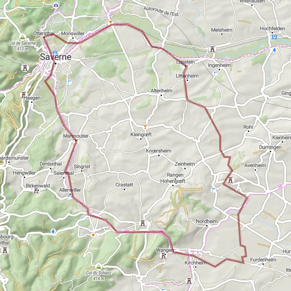 Miniature de la carte de l'inspiration cycliste "Parcours de cyclisme gravel près de Monswiller" dans la Alsace, France. Générée par le planificateur d'itinéraire cycliste Tarmacs.app