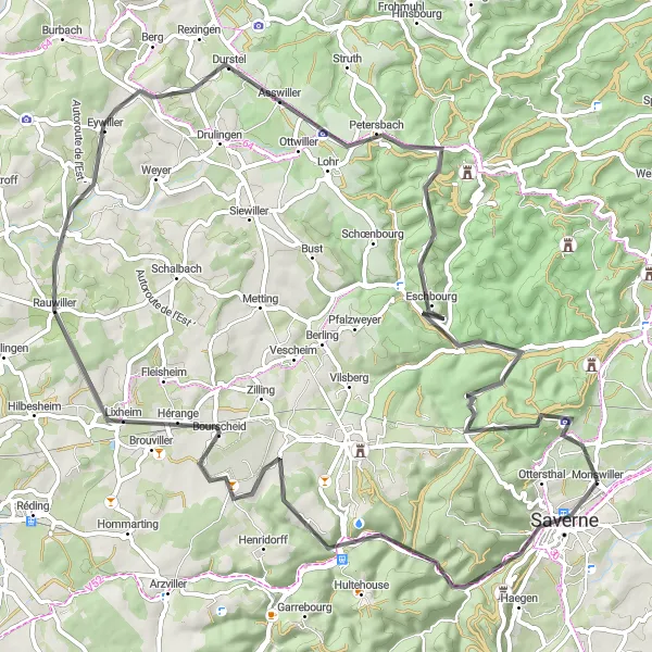 Map miniature of "Saverne and the Vosges Hills" cycling inspiration in Alsace, France. Generated by Tarmacs.app cycling route planner