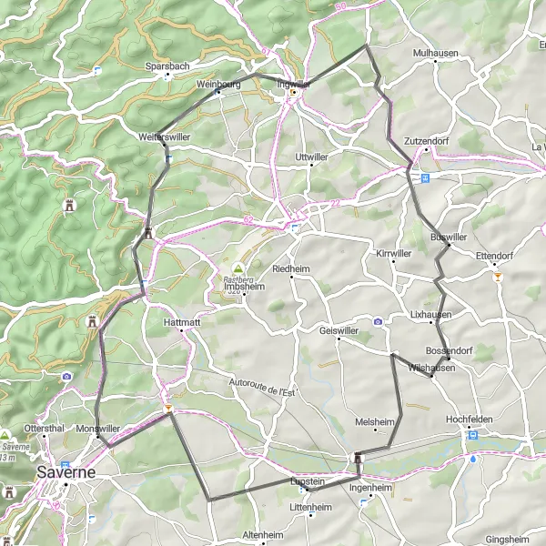 Miniature de la carte de l'inspiration cycliste "Boucle des villages d'Alsace du Nord" dans la Alsace, France. Générée par le planificateur d'itinéraire cycliste Tarmacs.app