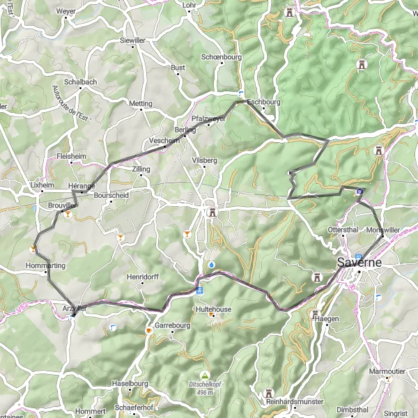 Miniature de la carte de l'inspiration cycliste "Parcours de cyclisme sur route autour de Monswiller" dans la Alsace, France. Générée par le planificateur d'itinéraire cycliste Tarmacs.app