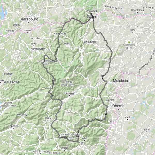 Miniature de la carte de l'inspiration cycliste "Aventure cycliste épique de Monswiller" dans la Alsace, France. Générée par le planificateur d'itinéraire cycliste Tarmacs.app