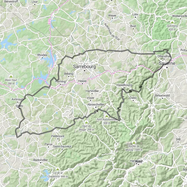 Map miniature of "Epic Road Adventure in Saverne" cycling inspiration in Alsace, France. Generated by Tarmacs.app cycling route planner