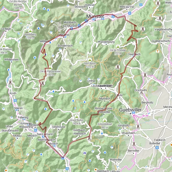 Miniature de la carte de l'inspiration cycliste "Les Collines de la Route des Vins" dans la Alsace, France. Générée par le planificateur d'itinéraire cycliste Tarmacs.app