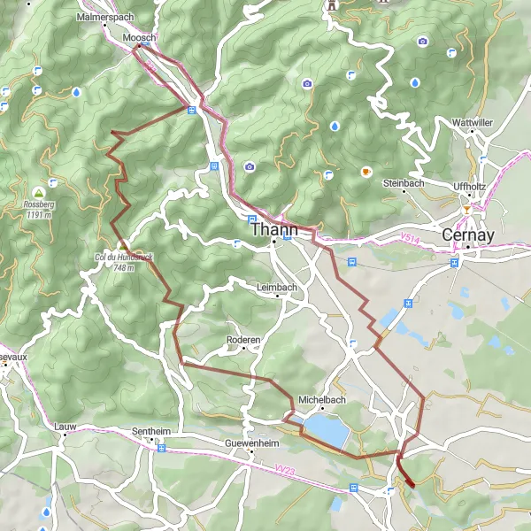 Miniature de la carte de l'inspiration cycliste "Les Collines d'Alsace du Sud" dans la Alsace, France. Générée par le planificateur d'itinéraire cycliste Tarmacs.app
