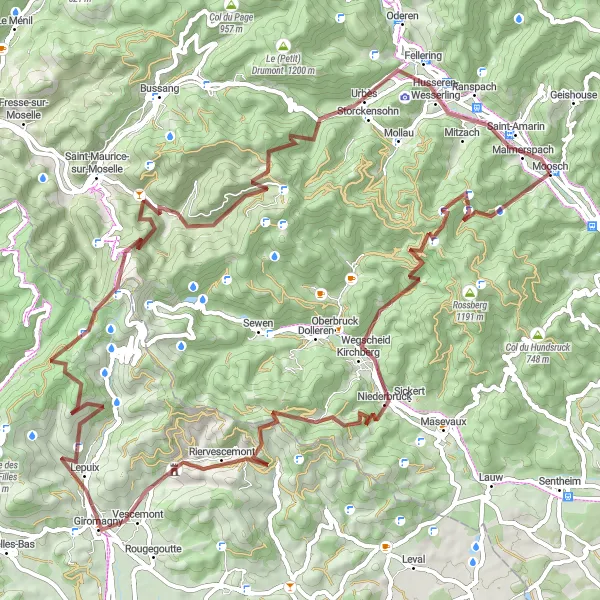 Map miniature of "Mountains and Waterfalls of Moosch" cycling inspiration in Alsace, France. Generated by Tarmacs.app cycling route planner