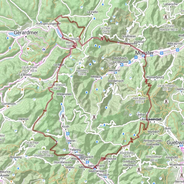 Miniature de la carte de l'inspiration cycliste "Les Hautes Vosges Sauvages" dans la Alsace, France. Générée par le planificateur d'itinéraire cycliste Tarmacs.app