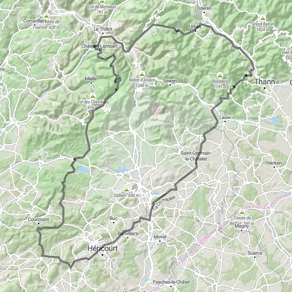 Map miniature of "The Vosges Mountains Loop" cycling inspiration in Alsace, France. Generated by Tarmacs.app cycling route planner