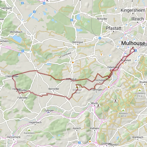 Miniature de la carte de l'inspiration cycliste "Boucle des Vallées autour de Mulhouse" dans la Alsace, France. Générée par le planificateur d'itinéraire cycliste Tarmacs.app